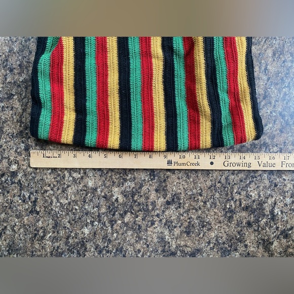 Vintage Reggae Multicolor Striped Knit Handbag Tote Hippie Wooden Handle Bag - Picture 6 of 7